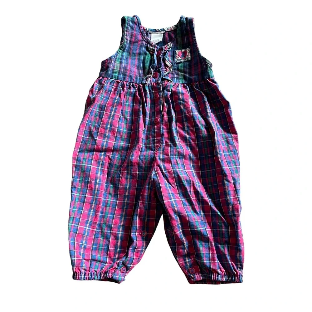 OshKosh B'gosh Romper Pink Plaid Ruffle Heart Patch Baby Girl 6-9M Vintage